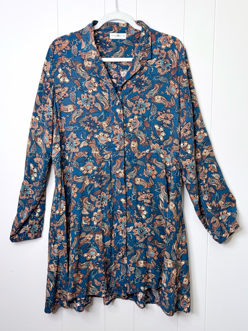 NATURAL LIFE Blue Tan Paisley Floral Button-Up ShirtDress Mini Cowgirl Hippie XL